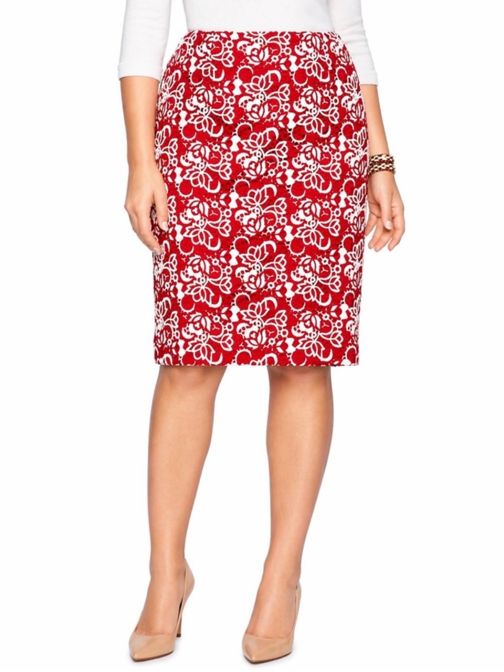 Talbots Red White Floral Lace Overlay Skirt Women’s Size 8 Knee Length Lined
